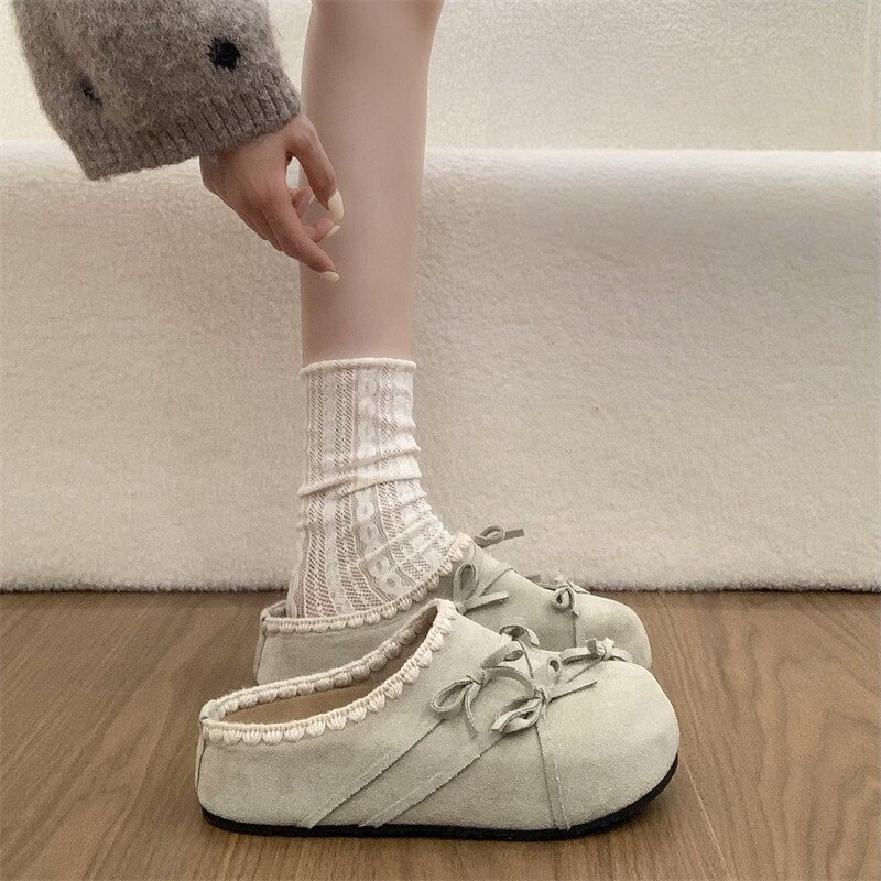 Bow accessories lace thick soled women's slippers