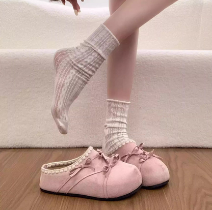 Bow accessories lace thick soled women's slippers