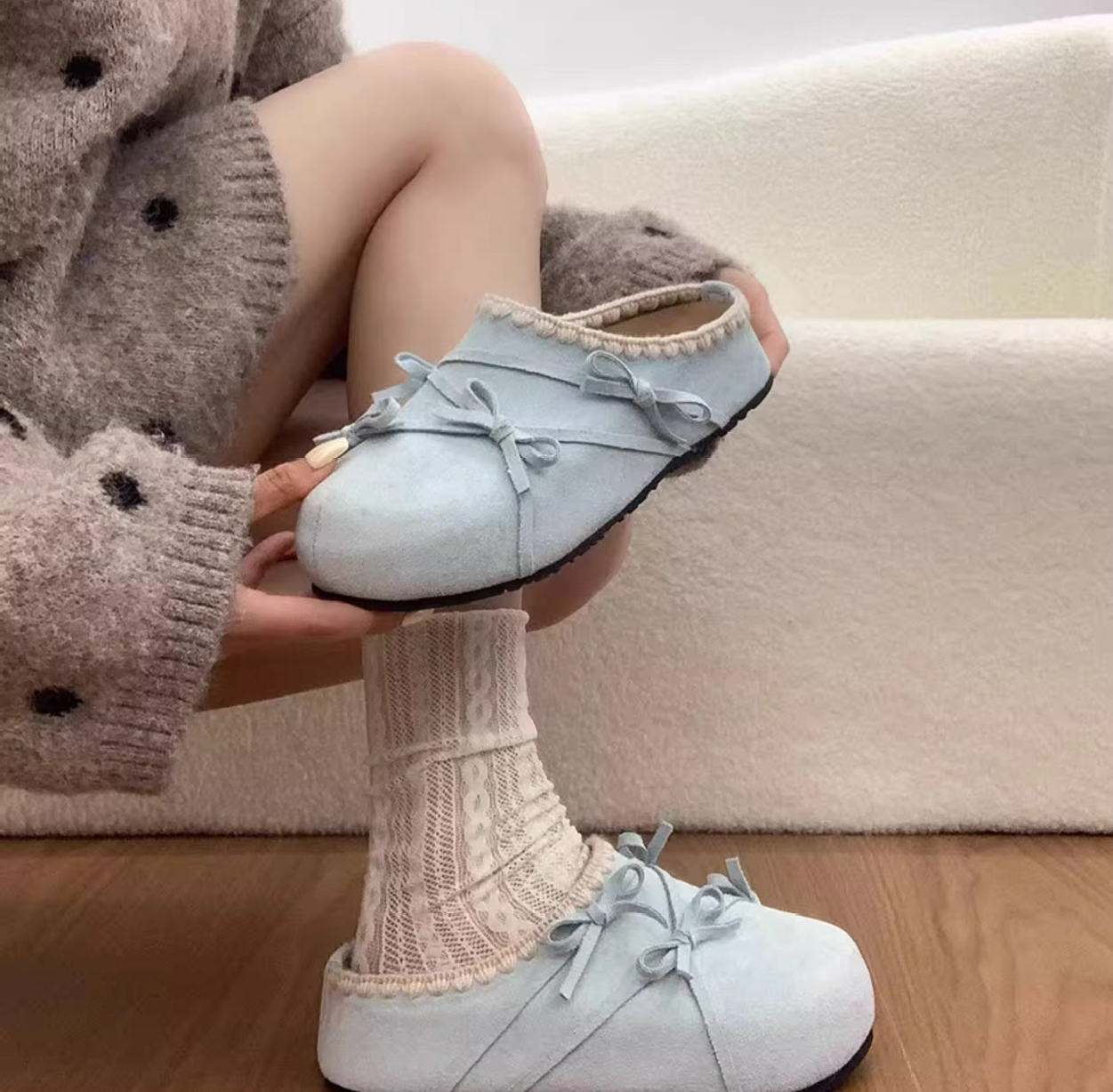 Bow accessories lace thick soled women's slippers
