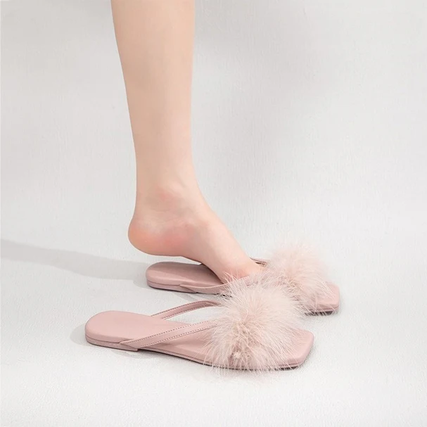 Feather Puff Strap Flip Flops