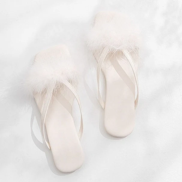 Feather Puff Strap Flip Flops