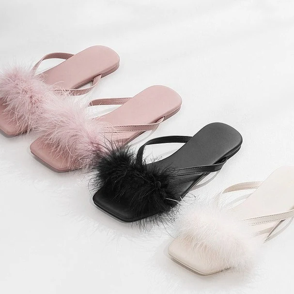 Feather Puff Strap Flip Flops