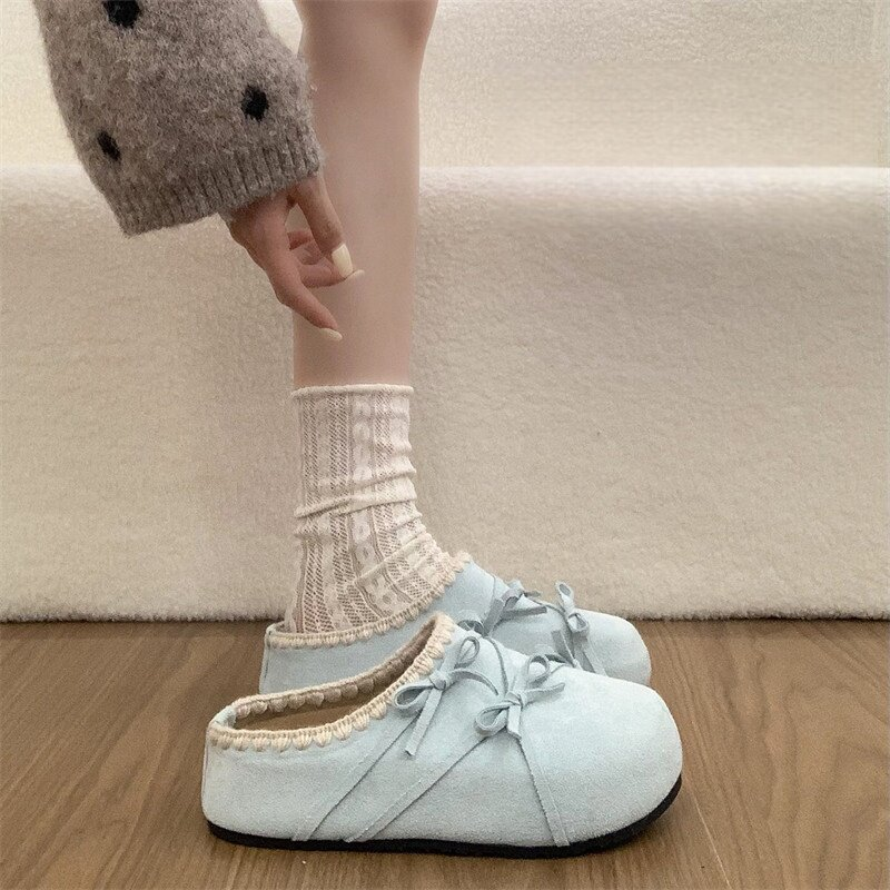 Bow accessories lace thick soled women's slippers