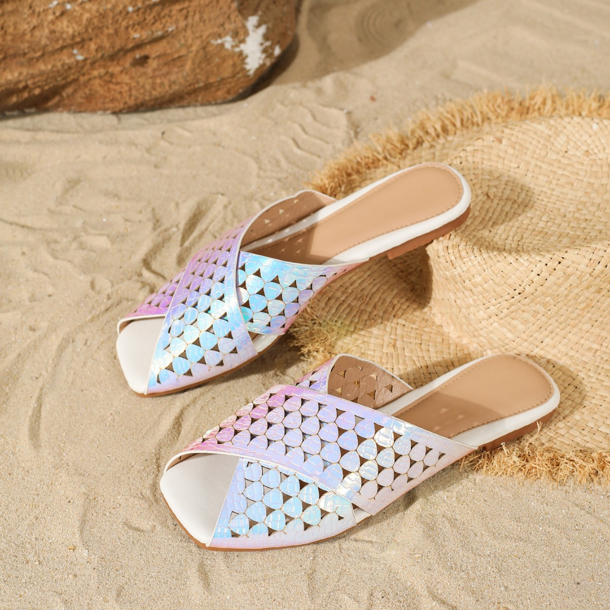 Hollow cross belt women's beach slippers