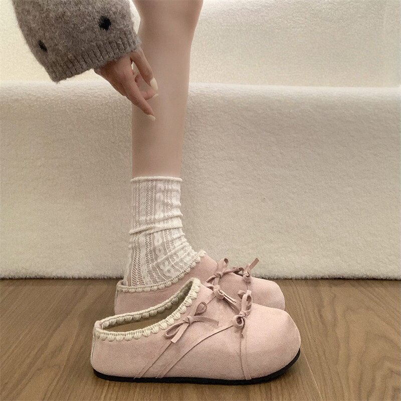 Bow accessories lace thick soled women's slippers