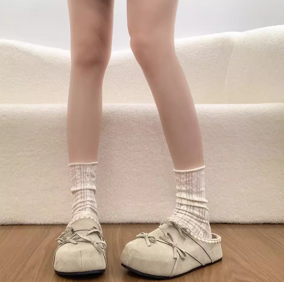 Bow accessories lace thick soled women's slippers