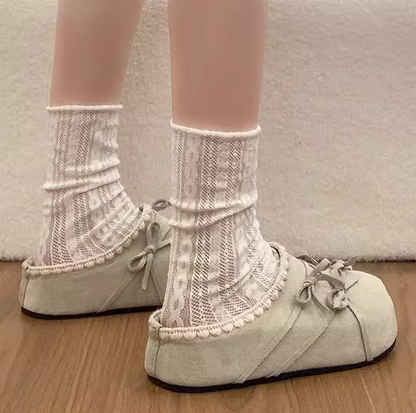 Bow accessories lace thick soled women's slippers