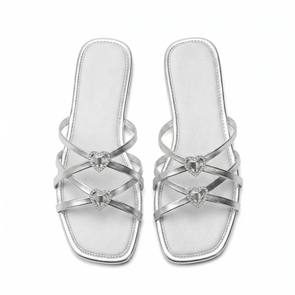 Sparkling Heart Strappy Flat Slides